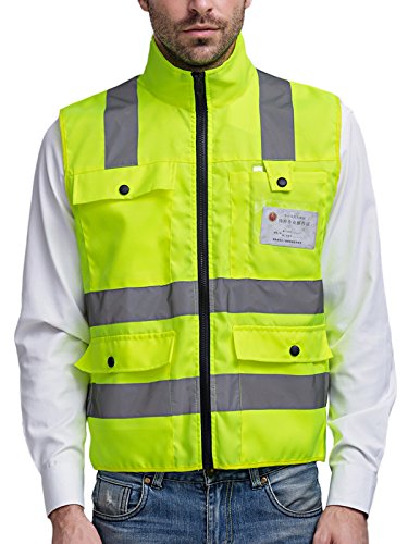 Preisvergleich Produktbild Herren Stehkragen Warnwesten Reflektierende Westen Sicherheitsweste Hohe Sichtbarkeit Multi-Tasche Mehrfunktional - Fluoreszenz Grün Größe XL