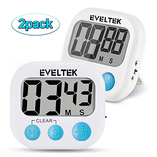 2 PACK EVELTEK Digital-Küche-Alarm Stunden/ Uhr mit Großem LCD-Anzeige Laut Klingende Alarm, Countdown oder Graf Bis für Kochen / Schule / Games (Schwarz Schlüssel)
