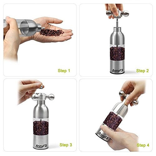 AnnyFa Salz und Pfeffermühle mit Präzision Gourmet Salz und Pfeffermühle Schwarzer Pfeffer Gewürz Flaschen – Edelstahl, Untere Sammler Ausgeschlossen (Medium) - 7