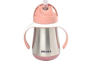 BÉABA - Trinklernbecher - 2 in 1 Babyflasche - Kindertasse mit Strohhalm - 100% dicht - Leicht zu öffnen - Abnehmbare Griffe -Tritan und Silikon - 250 ml - Rosa
