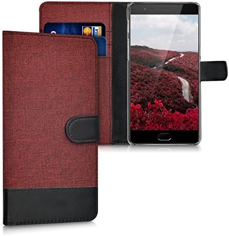 kwmobile Wallet Case for OnePlus 3 / 3T - Fabric and PU Leather Flip Cover with Card Slots and Stand - Dark Red/Black