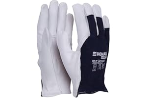 DONAU SAFETY Skórzane rękawice robocze z elastycznym nadgarstkiem/rozmiar 9 l/ 1 para/biało-ciemnoniebieskie/rękawice montażowe/miękkie i wygodne rękawice ochronne ze skóry koziej i tkaniny