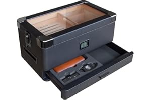 Case Elegance Nero Militare Humidor con igrometro digitale anteriore, cedro spagnolo, soluzione umidificatore, sistema idro e cassetto in schiuma per accessori - contiene (50-100 sigari)