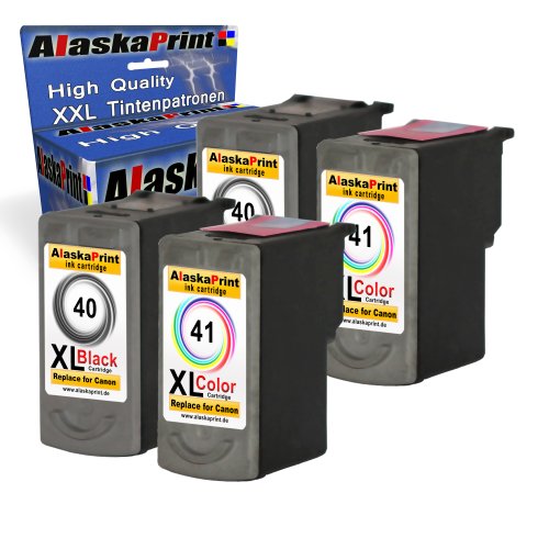 4x Druckerpatrone Ersatz für Canon 2x 40 XL + 2x 41 XL Original Alaskaprint Tinte black je 25ml color je 24ml Ersatz für Canon 0615B043 / 0615B044 (Canon 40xl , Canon40xl Canon41xl, Canon 41xl) , schwarz, bk, farbig