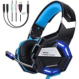NHSM Gaming Headset PC 3.5mm LED Kopfhörer mit Mikrofon Surround Sound Lautstärkeregelung Mac Windows PS4 Xbox One Laptop Tablet Mobile Phones Schwarz/Blau