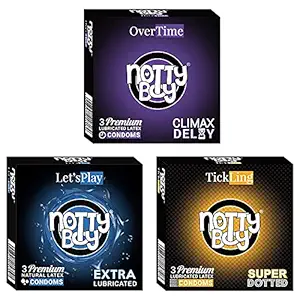 NOTTY BOY Climax Delay Over Time, Super Dotted 1500+Dots And Extra Lubricated Condoms pack (3sx3, 9 sheets)