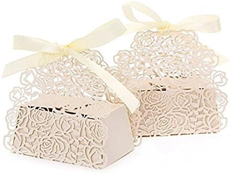 Roses Flowers Wedding Candy Box Chocolate Candy Holders Shimmering Laser Cut with Ribbons for Bridal Shower,Wedding,Birthday Gift(50pcs) (Beige)