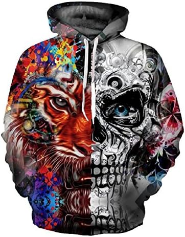Dniu Men Women's Hoodies, 3d Print Hooded Pullover Long Sleeve Sweatshirt with Big Pocket(Tiger Skull,UK L/Asia 2XL)