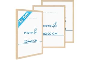 PHOTOLINI Bilderrahmen 30x40 Holz MDF Natur, 3er Set Bilderrahmen 40x30 cm, Picture Frame mit bruchsicherem Acrylglas, Rahmen 30 x 40 zum Aufhängen, extra Zubehör - Rahmen 30x40 für Fotos & Poster