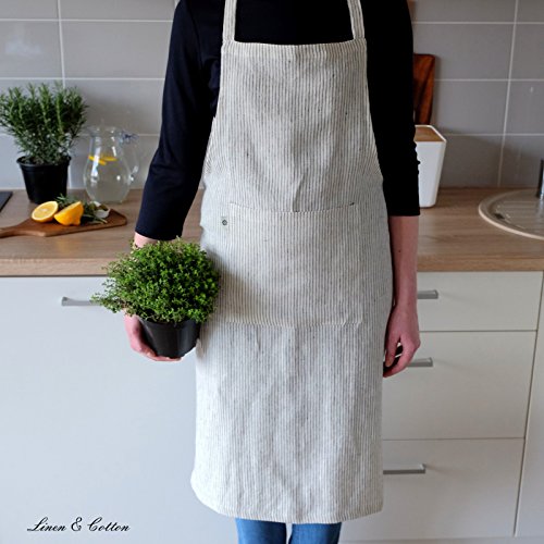 Linen & Cotton Schürze, Küchenschürze, Kochschürze, Grillschürze “LIVI“, 100% Leinen (Stonewashed) – 70 x 100cm, Streifen Weiß/ Schwarz - 2