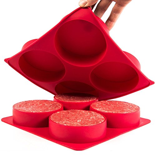 homequip 4 Hohlraum-Burgerpresse – Gesunde Homemade Hamburger & Gourmet Patties für BBQ Grill mit der burgermiester | Ofen backen Quiche, Pies & mehr | leicht zu Store Premium Lebensmittelechtes Antihaft Silikon Tablett