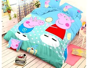 Aagam Lifestyle Cartoon Cotton Double Bedsheet for Kids 260 TC, Boys/Girls - Size 90 X 100 in with 2 Pillow Covers (Queen, Aqua Green, Red & SkyBlue)