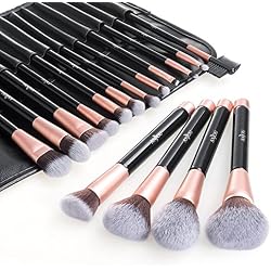 Brochas de Maquillaje 16 Piezas de Anjou, Cerdas de Fibra Sintética Suaves y sin Crueldad, Detalle de Oro Rosa, Elegante Rodillo de Cuero de PU Incluido.