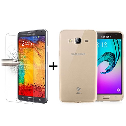 TBOC Pack  Funda de Gel TPU Transparente   Protector Pantalla Vidrio Templado para Samsung Galaxy J3  2016  - Samsung Galaxy J3  Funda de Silicona Ultrafina y Flexible  Protector de pantalla Resistente a Golpes  Ca  das y Ara  azos 