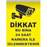 Dikkat Bu Bina 24 Saat Kamera ile İzlenmektedir Uyarı Levhası, Sarı, Kendinden Yapışkanlı Folyo, 25x35 cm, 10 Adet