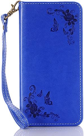 Samsung Galaxy S7 Edge Case, Dfly Invisible Strong Magnetic Buckle Style Fancy PU Leather with Embossing Rose and Butterfly Pattern Automatic Adsorption Function Folio Flip Standing Wallet Case for Samsung Galaxy S7 Edge, Blue