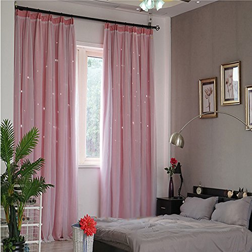 Preisvergleich Produktbild Voile +Polyestertuch Gardinen mit Ösen Durchbrochen Vorhänge Transparent Sternenmuster Vorhang Schlafzimmer Wohnzimmer Dimension 175x140 cm Ein Satz von 2 Stück (Rosa)
