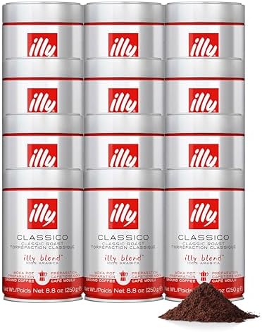 illy, Café moulu pour Moka Classic, 100% Arabica avec des Notes de Caramel, Fleur d'Oranger et Jasmin, Goût doux et arrière-goût sucré, Pack de 12 boites (12 x 250gr)