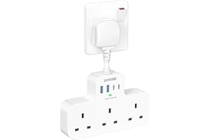 Multi Plug Extension Socket with USB C, ANVODE 3 Way Plug Adaptor with Flexible Socket, Adapter Plug UK Turn 1 to 7, Short Extension Lead Power Strip for Bedroom, Office, Kitchen. White