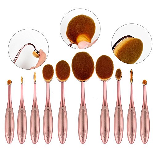 Nestling® Oval Make-up Pinsel Set, 10 Stück Professionelle Foundation Concealer Verblender Pinsel Flüssiges Pulver Creme Kosmetik Pinsel, Zahnbürste geschwungene Make up Pinsel für Gesicht und Augen (Rose)