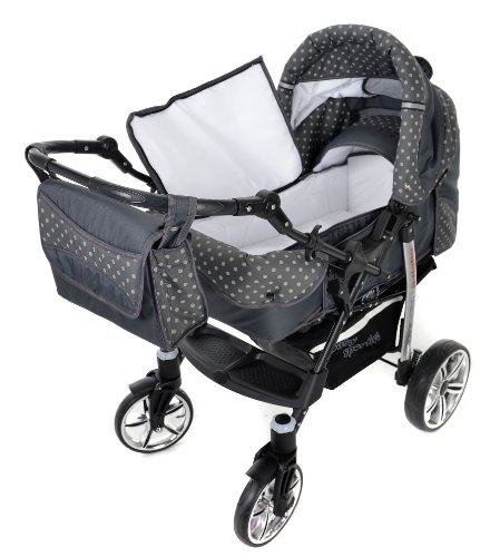 Baby Sportive X2, 3 in 1 Kombikinderwagen set – incl. Kinderwagen mit Zubehör, Babyschale und Sportwagen Aufsatz. System mit Schwenkräder. Reisesystem Farbe: Grau und Punktmuster - 8