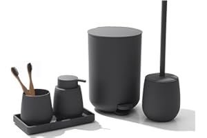 AJEUNGAIN Juego de Baño Accesorios Completo, 5 Piezas Set de Baño Moderno - Dispensador de Jabón, Soporte Cepillo de Dientes, Cubos de Basura para Baño, Escobillero, Bandeja para Organizar (Gris)