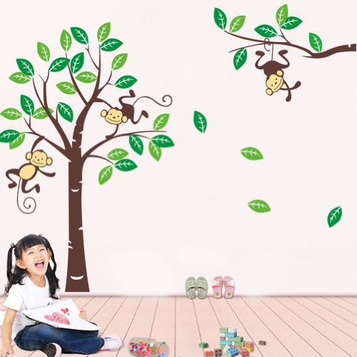 Große Hanging Monkey und Grüne Baum Baby-Kinderzimmer-Wand-Sticker - 3