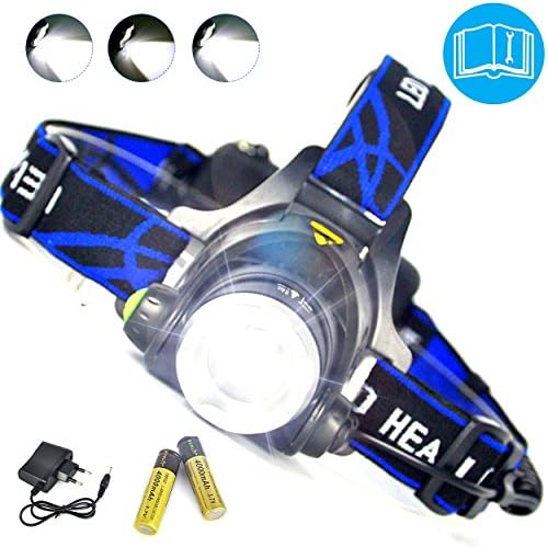 LED Headlamp Headlight Rechargeable Head Torch Super Bright by RaazCo - Comfortable Waterproof Zoomable Flashlight/Torch - 3 Lighting Modes - for Running, Garden, Working, Garage, Night Reading, DIY, Hiking, Cycling, Camping - Boruit Packaging - 90 Degrees Adjustable Beam Angle - 18650 Lithium Rechargeable Batteries and Wall Charger Included