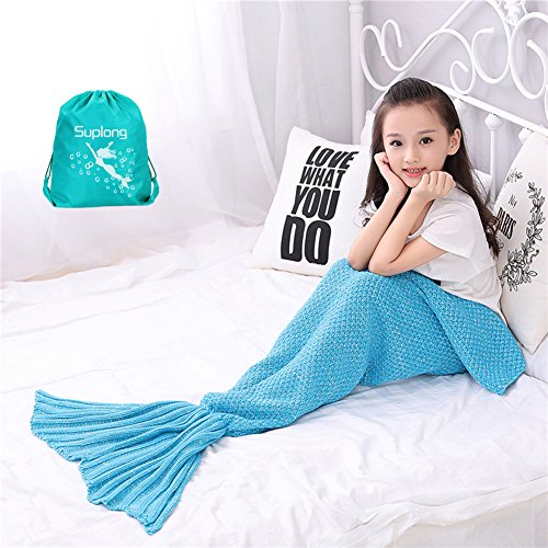 Mermaid Decke, AIGUMI All Seasons Mermaid Schwanz Schlafsack Decke, Häkeln Handwerk Warm Sofa Wohnzimmer Decke für Kinder (Himmelblau)