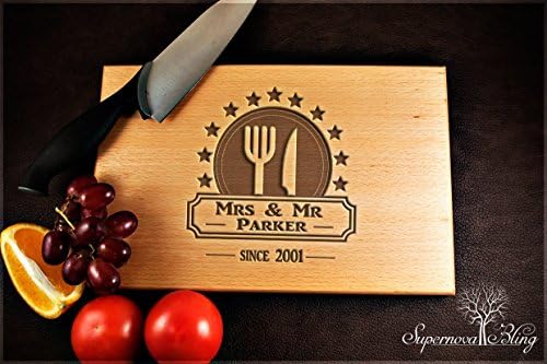Fork and Knife with Stars - Personalised|Wooden|Chopping|Cutting|Board|Engraved|Wedding|love|gift|present|xmas|unique|name|wood|kiss|friend|bridesmaid|bride|groom|valentine|occasion|Laser|family|logo|