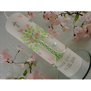 Taufkerze Lebensbaum grün rosa silber individuell Taufkerzen für Mädchen 250/70 mm mit Namen