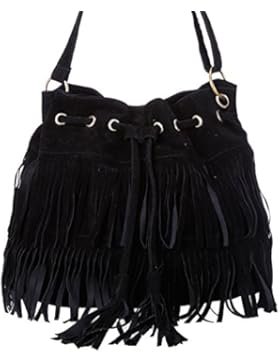 Lmeno Damen Faux Wildleder Schultertasche Fransen Quasten Körperquerschulterbeutel Eimer Tasche Beuteltasche Shopper...