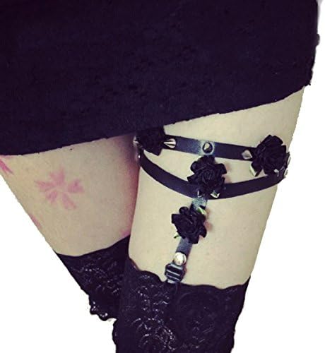 Tesnew Women‘s Handmade Flowers Rivet Garters Elastic Stud Goth Leg Harness Punk Nightclub Adjustable Suspenders Garter Belt (Black)