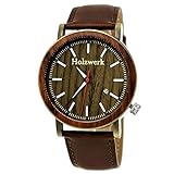 Handgefertigte Holzwerk Germany® Designer Herren-Uhr Öko Natur Holz-Uhr Leder Armband-Uhr Analog Klassisch Quarz-Uhr Braun Gold Datumsanzeige Holz Ziffernblatt