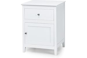 CASART Bedside Table, Wooden Nightstand Table with Drawer & Door, Modern Sofa Side Tables Narrow Accent Tables for Living Room Bedroom Study (1, White)