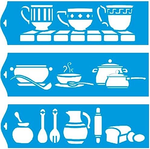 Set of 3 - 28cm x 8cm Reusable Flexible Plastic Stencil for Graphical Design Airbrush Decorating Wall Furniture Fabric Decorations Drawing Drafting Template - Vintage Kitchen Cups Pots Soup Bowl