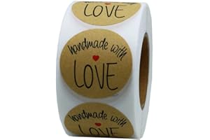 REYOK Rollo de 500pcs Pegatinas Etiqueta Adhesiva Pegatina, redondas, Kraft Handmade with Love Stickers Labels Roll para Sello Scrapbooking Regalo Bolsa Recuerdo Boda Fiesta Aniversario Cumpleaños