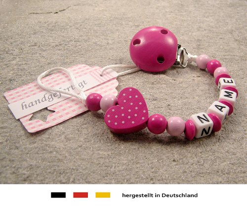 kleinerStorch Baby Schnullerkette mit Wunschnamen – Mädchen Motiv Herz pink - 3