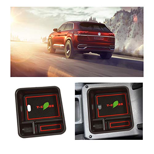 YEE PIN Auto Central Console Aufbewahrungs Box Kompatibel mit T-Cross 2019 Fach Design Console Armlehnenbox mit Antirutschmatte (Rot)