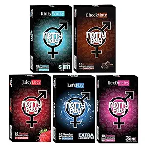 NOTTY BOY Condom Honeymoon Pack- Extra Lubricated, Ultra Thin, Ribbed, Dotted, Contour, Strawberry and Chocolate Flavoured Condoms - (5x10s)