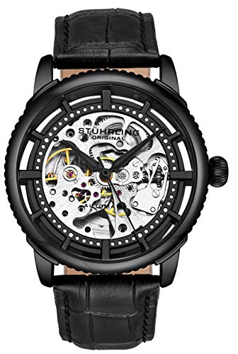Stuhrling Original Men's Automatic Watch, Skeleton Dial with Leather Band, 3933 Series (Black)