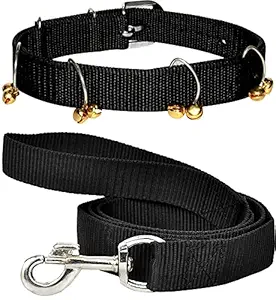 Pedigone Dog Belt Combo of Black Ghungroo Dog Collar with Black Dog Leash Specially for Medium Breeds Dog Collar Leash