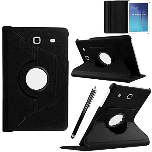 Zularix® - Schwarz 360 Drehbares PU Ledertasche Hülle Etui für Samsung Galaxy Tab E 9.6" Zoll für SM-T560 SM-T561 SM-T565 mit Ständerfunktion Auto Sleep/Wake-Funktion (mitgelieferte Displayschutzfolie & Stylus Pen)