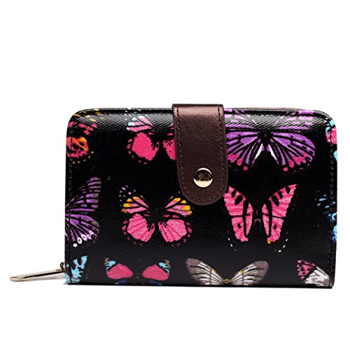 Miss Lulu Designer Oilcloth Floral Spot Polka Dot Butterfly Horse Folded Zip Wallet Purse (Butterfly Black)