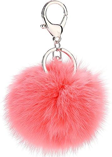 Cinoyoni Silver Ring Faux Fox Fur Pom Pom Keychain Bag Purse Charm Fluffy Fur Ball (Watermelon Pink)
