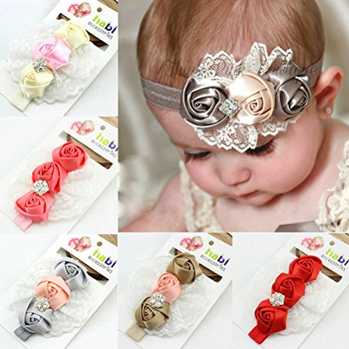Demarkt 1 Set(6 Pcs) Baby Girl Hair Accessories Cute Three Rose Flower with Diamante Headband Infant Kids Children's Elastic Decorative Hairband