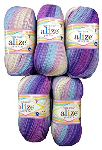 5 x 100g Babywolle Bebe Batik lila flieder rosa weiss Nr. 3483, 500 Gramm Wolle zum Stricken und Häkeln