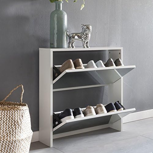 Wohnling tipper NIKLAS 2 flaps white with mirror 63x67x17 cm Shoe cabinet wood | Shoe chest closed | Shoe rack high tipper narrow | Shoe storage mirrored | Design hallway furniture hallway furniture