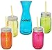 Produktbild 9 tlg. Set _ Glaskaraffe - 1,2 Liter - incl. Name - mit 4 bunten NEON Trinkbecher mit Deckel & 4 Strohhalm - Karaffe / Kunststoffkaraffe - Kühlflasche - z.B. für Bier - Saft - Limonade - Sommerglas - Flasche - Erfrischung Sommer - Smoothie Becher Getränkespender - Trinkflasche / Bierfass - Kühlkaraffe - Campinggeschirr - Wasserkrug / Sommergläser - Sommerset