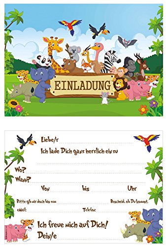 12 lustige Dschungel Safari Einladungskarten zum Kindergeburtstag mit fröhlichen Tieren im Urwald Geburtstagseinladungen Einladungen Geburtstag Kinder Jungen Mädchen Einladungstext Vorlagen Karten Set - 4
